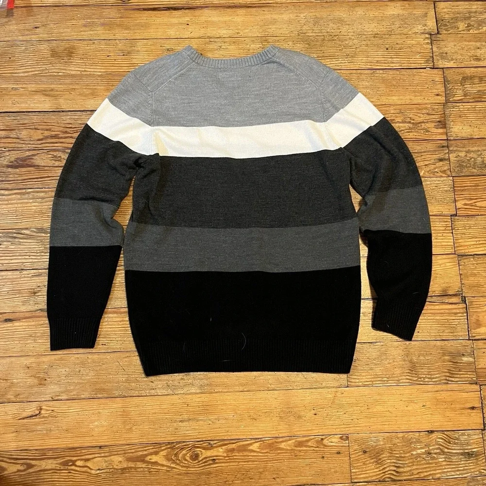Polo Ralph Lauren Sweater V-Neck Small Gray Black Cream Stripes Pony Logo Small
